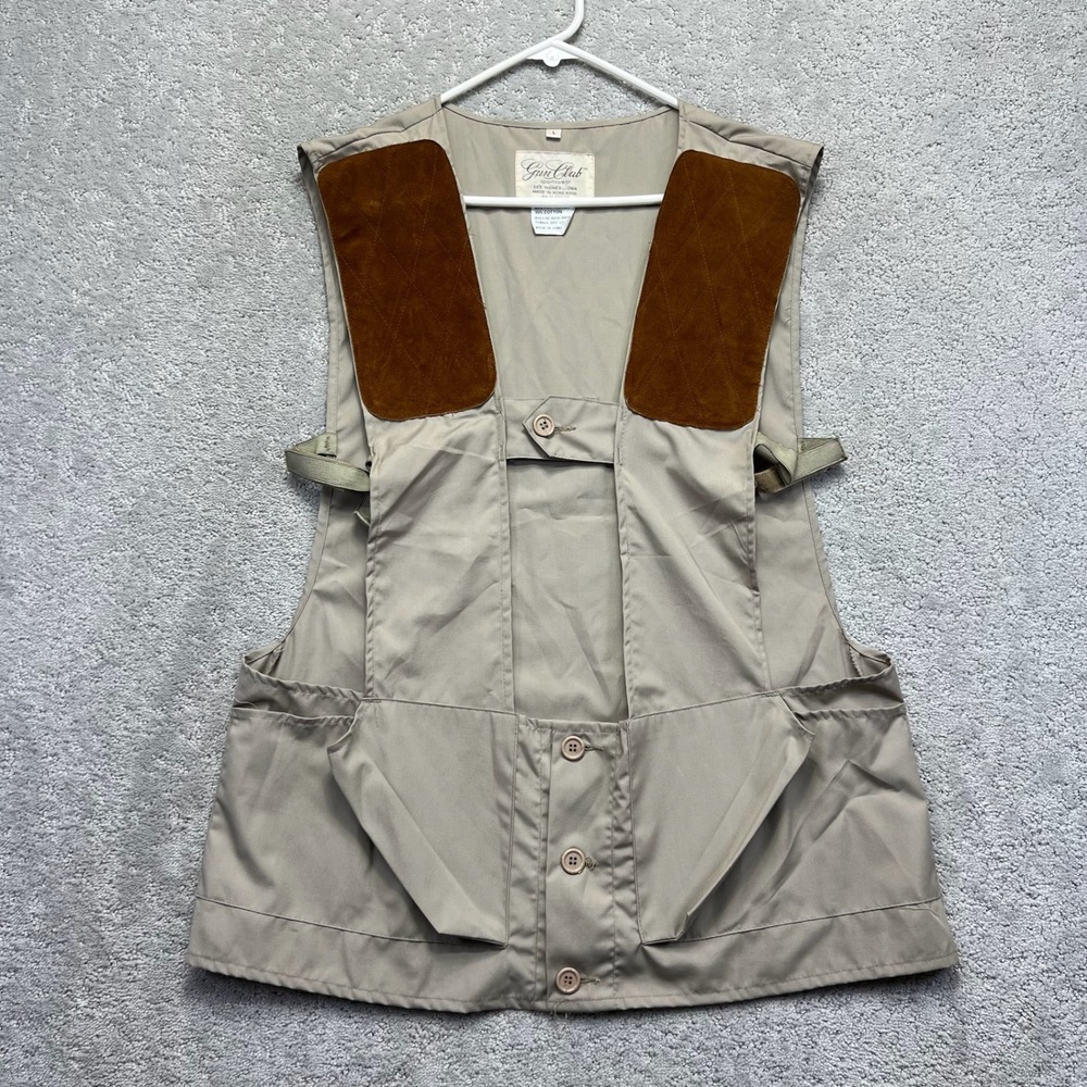 VINTAGE Gun Club Sportswear Shooting Vest Mens Large Khaki Suede Shoulder Pads